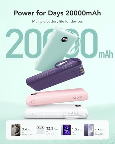 VRURC 20000mAh Portable Charger | 22.5W Fast Charging Power Bank with Cables