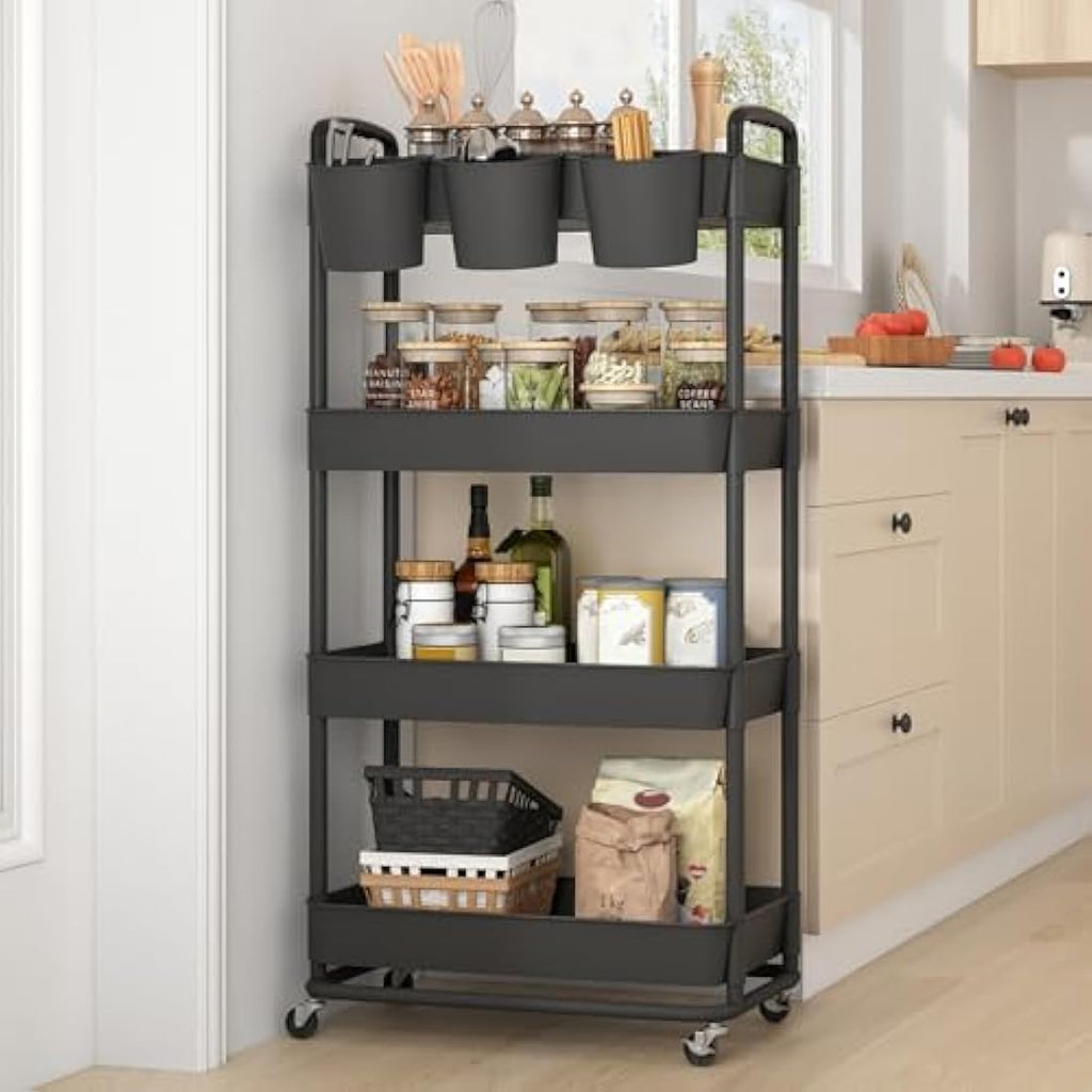 JIUYOTREE 4-Tier Rolling Utility Cart with Handles and Wheels - Black