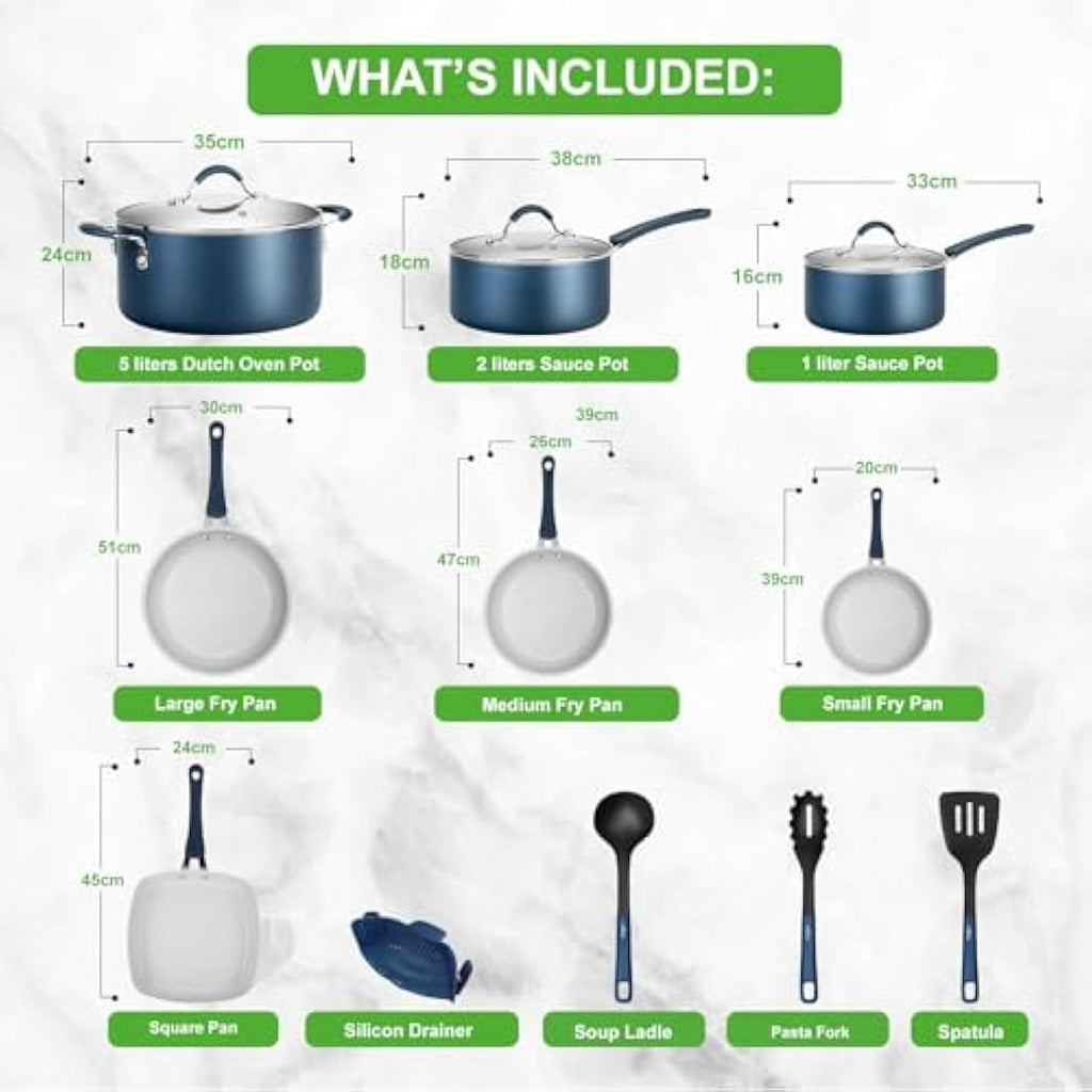 NutriChef 14-Piece Ceramic Non-Stick Cookware Set – Blue Induction Pots