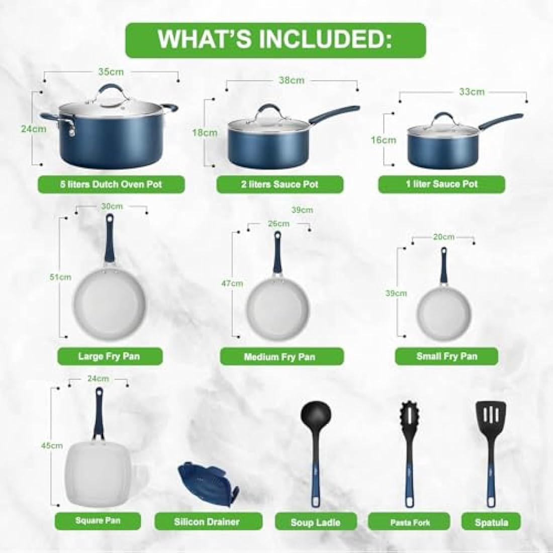 NutriChef 14-Piece Ceramic Non-Stick Cookware Set – Blue Induction Pots
