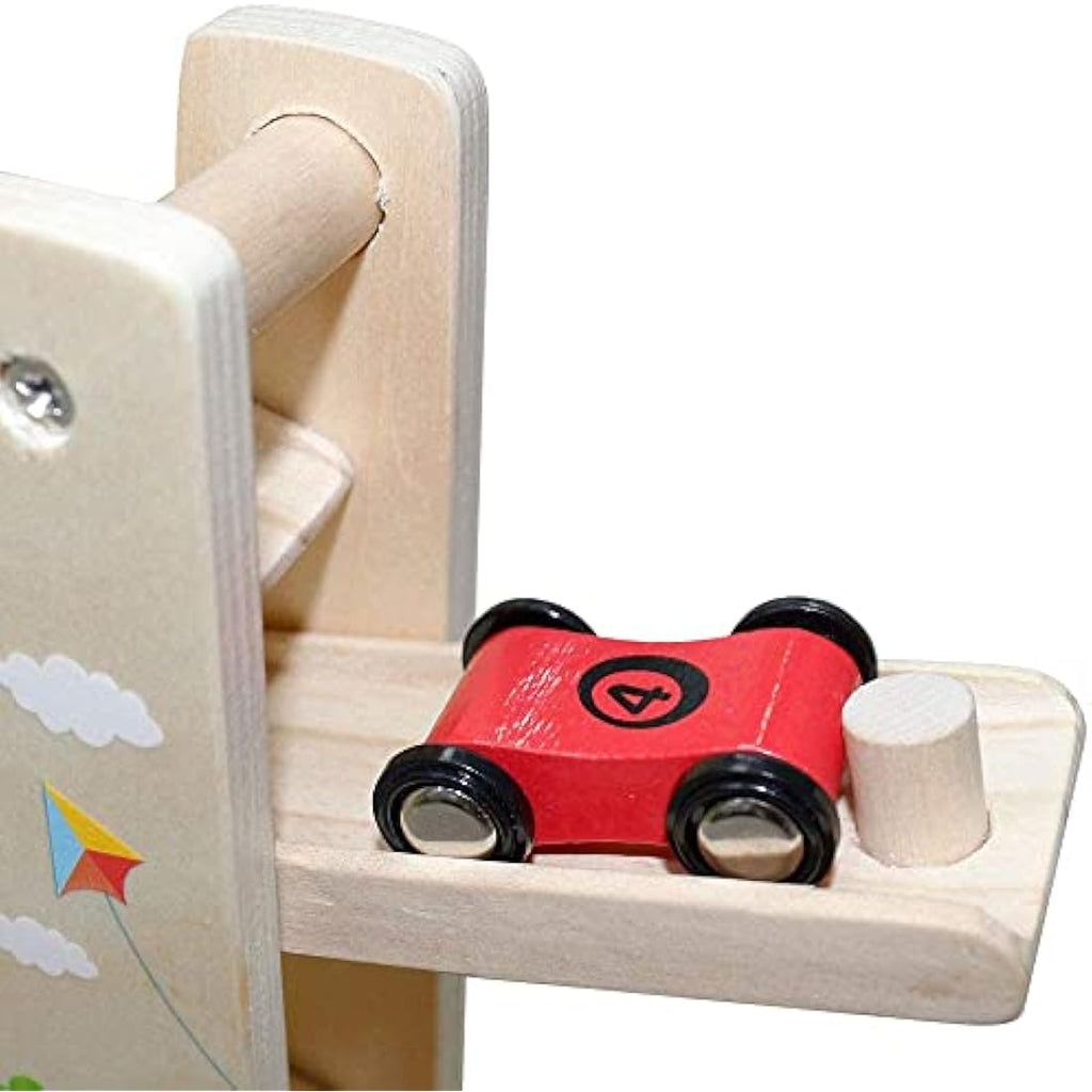 Wooden Car Ramp Toy – Toddler Race Track with 4 Cars