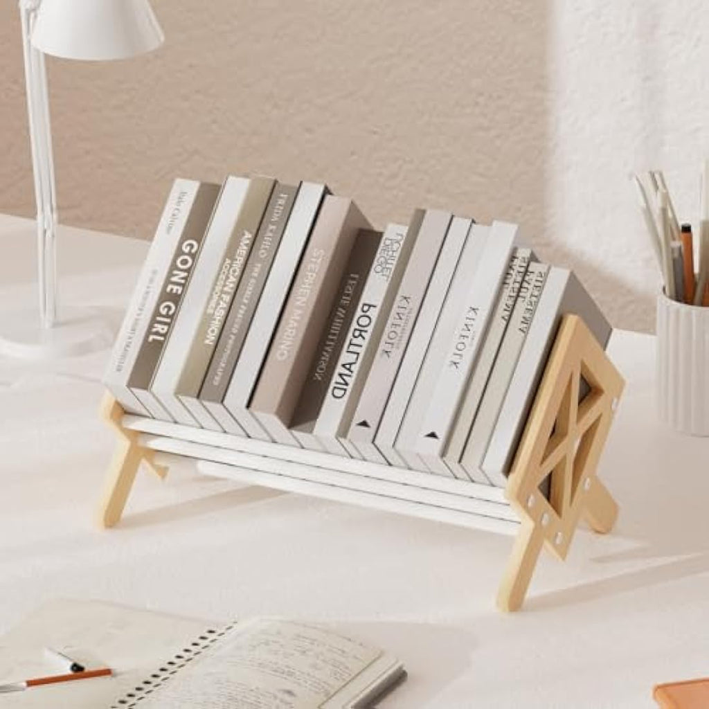 Oak Wood Desktop Bookshelf – V-Shaped Tilting Bookcase