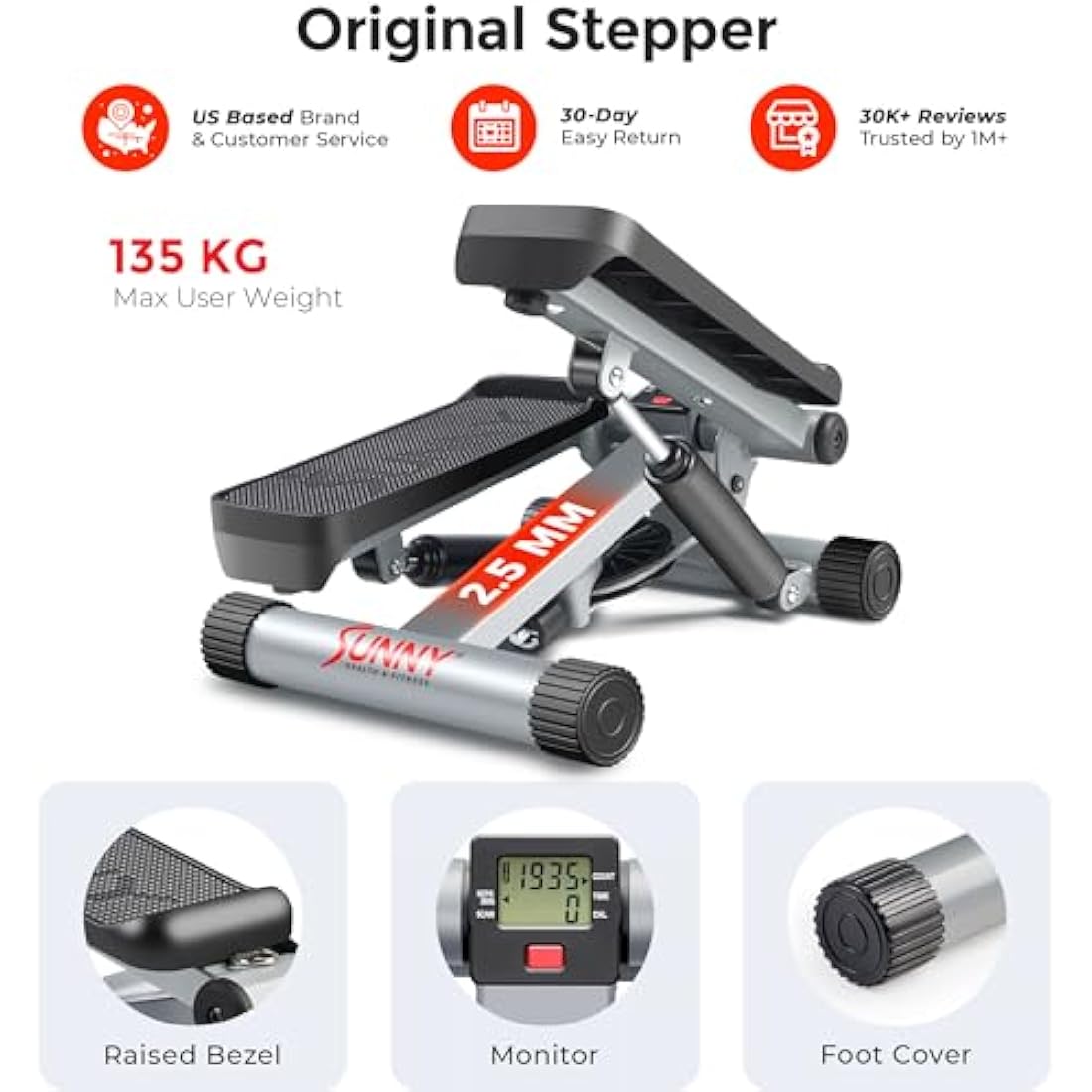 Sunny Health & Fitness Mini Stepper with Resistance Bands – 135kg Capacity