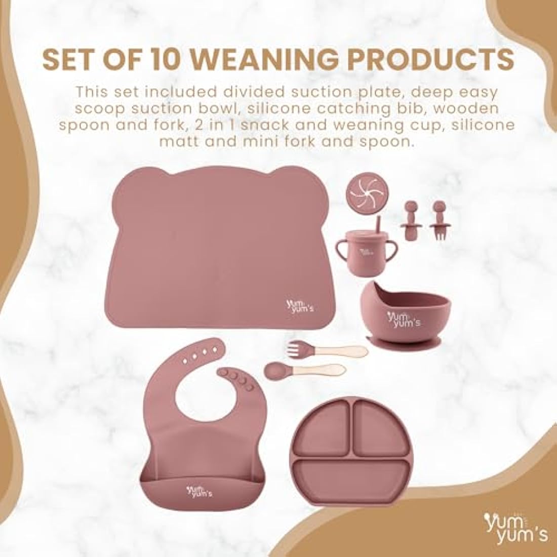 Yum Yum's Baby 10-Piece Silicone Weaning Set | Suction Plate & Bib - Pink