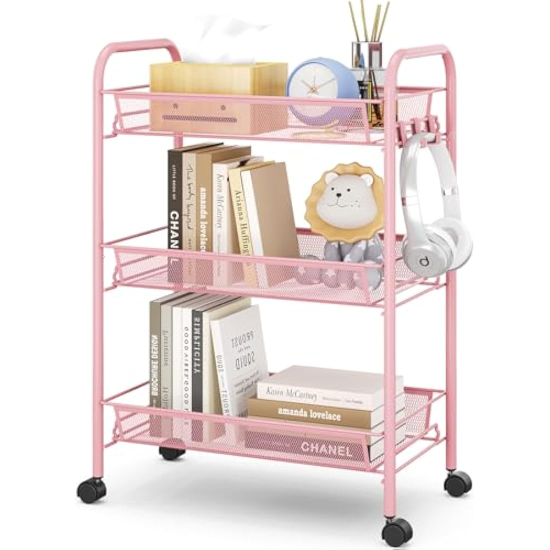 APEXCHASER 3-Tier Rolling Utility Cart | Metal Storage Trolley - Pink