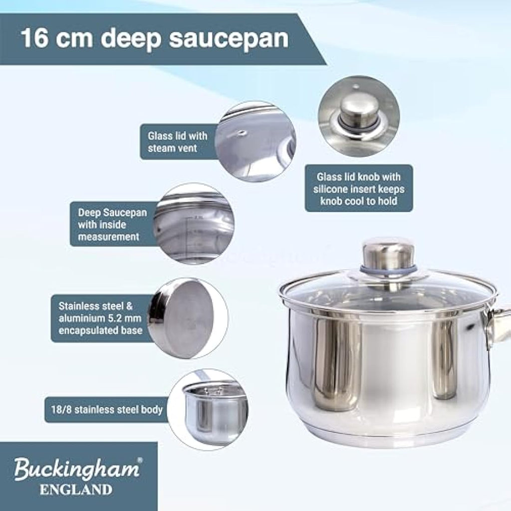 Buckingham Stainless Steel Saucepan with Glass Lid - Induction, 16cm