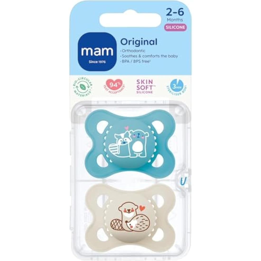 MAM Original Soothers | 0-6 Months Silicone Pacifiers | 2 Pack - Blue