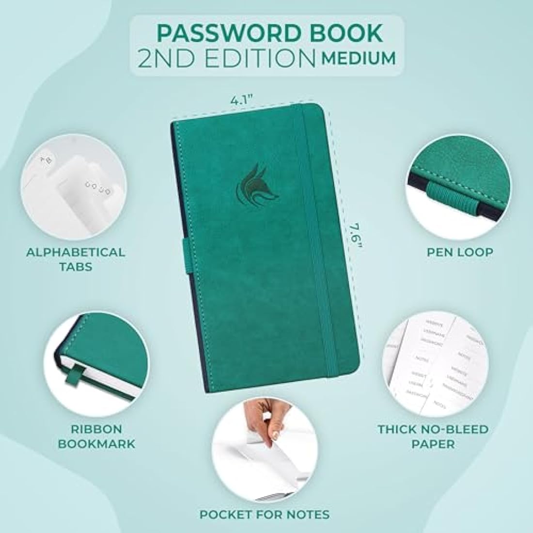Clever Fox Password Book 2nd Edition - Hardcover Login Organizer, Aquamarine
