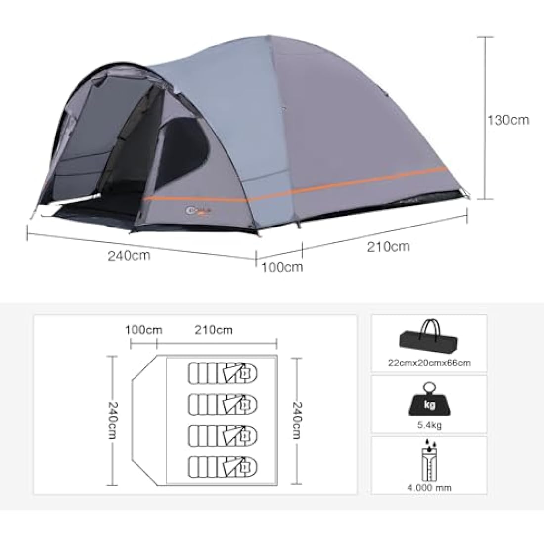 Portal 3-4 Person Waterproof Dome Tent with Porch and Mesh Door