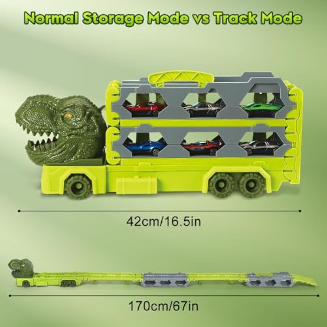 VATOS Dinosaur Transport Truck Toy – Portable Race Track Set with 6 Cars