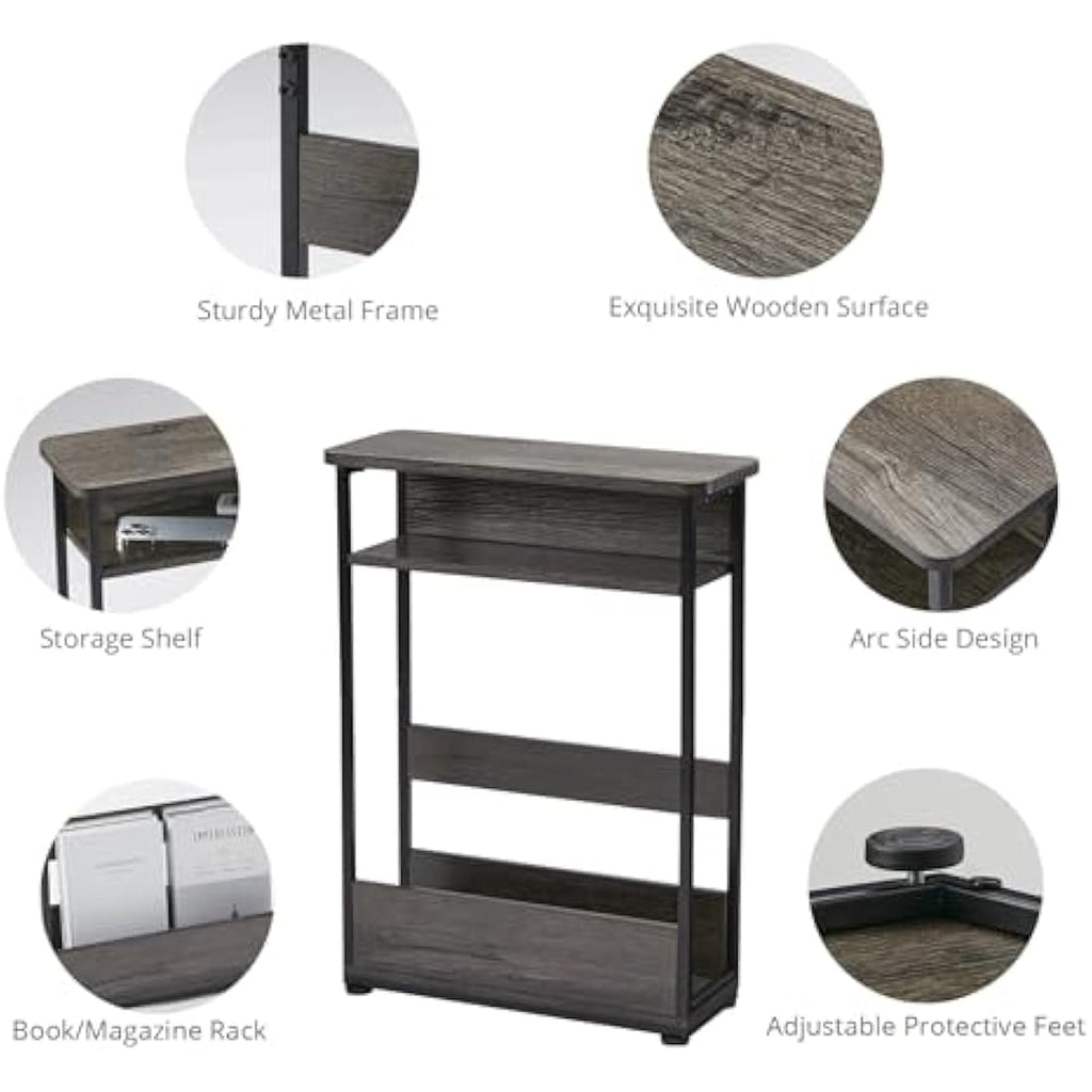 YEAKOO Narrow Side Table – Skinny Nightstand with Magazine Rack, Grey