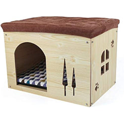 Foldable Cat Cave House – Wood Ottoman Pet Bed with Cushion