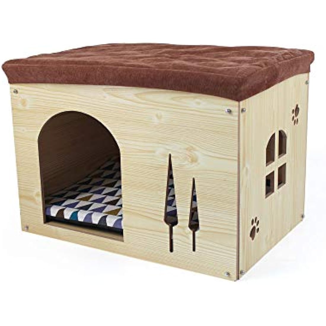 Foldable Cat Cave House – Wood Ottoman Pet Bed with Cushion