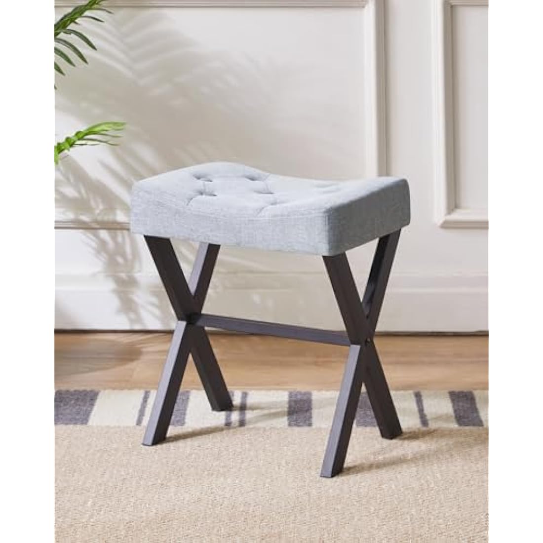 IBUYKE U-Shaped Linen Vanity Stool – Blue Gray Square Makeup Ottoman