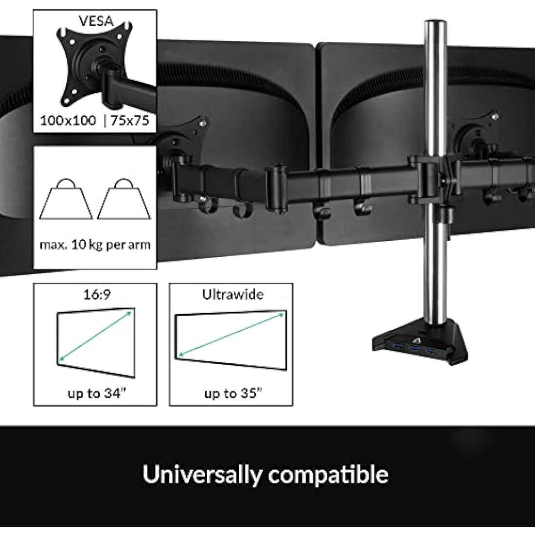 ARCTIC Z2 Pro Gen 3 Dual Monitor Arm | 35" Ultrawide Stand with USB Hub