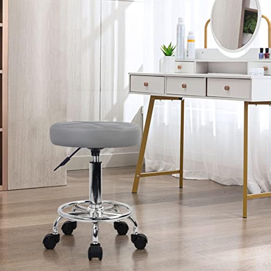 KKTONER Round Rolling Stool - Gray PU Leather Adjustable Swivel Chair