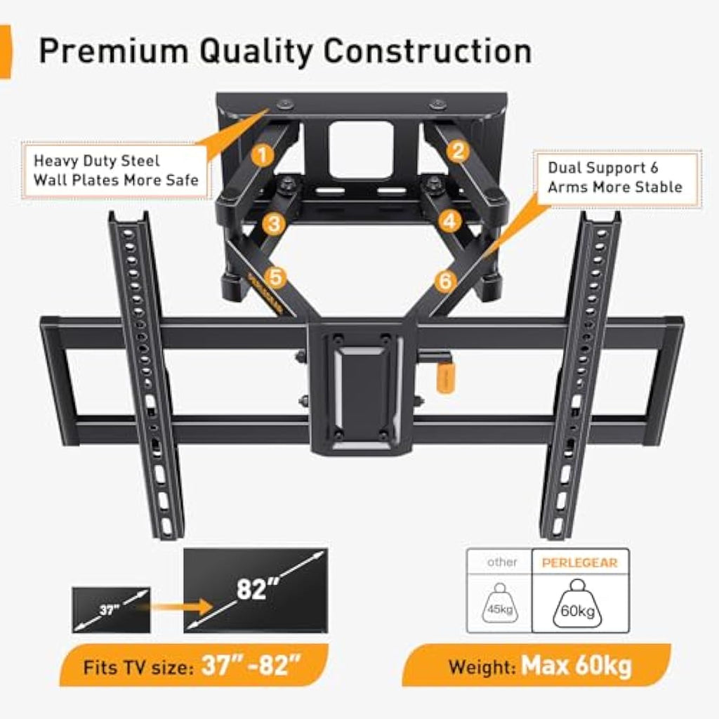 Perlegear Full Motion TV Wall Bracket | 37–82" Swivel & Tilt Steel Mount