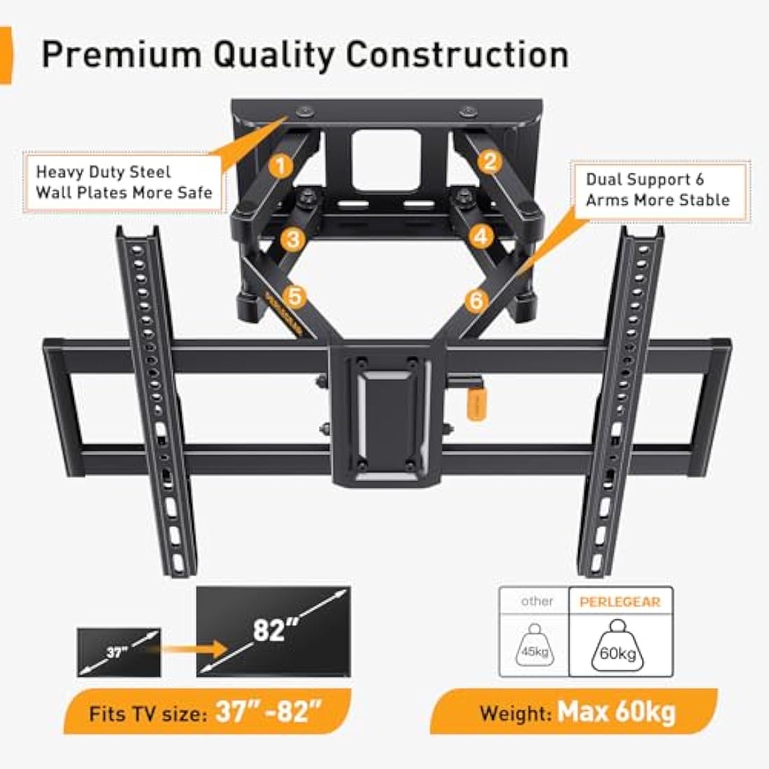 Perlegear Full Motion TV Wall Bracket | 37–82" Swivel & Tilt Steel Mount