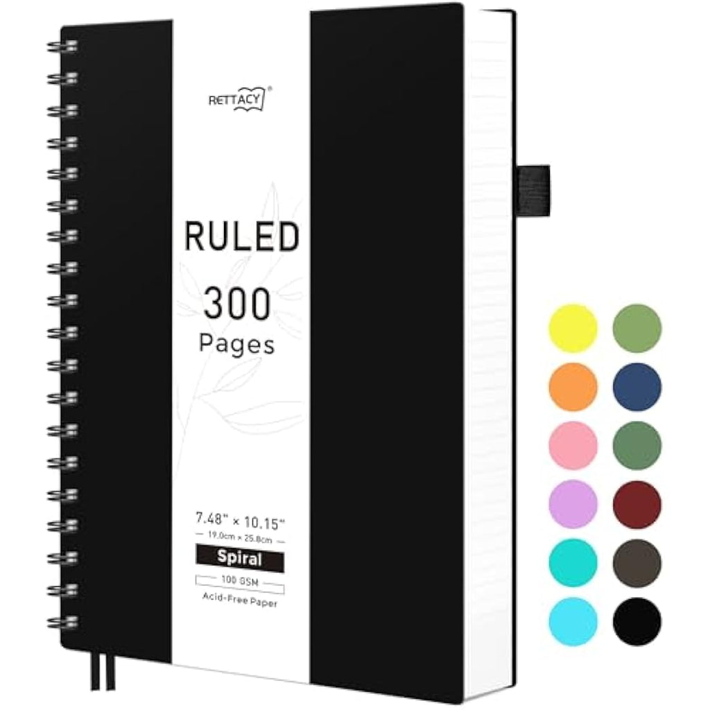 RETTACY B5 Spiral Notebook | 300 Pages College Ruled 100gsm Paper – Black