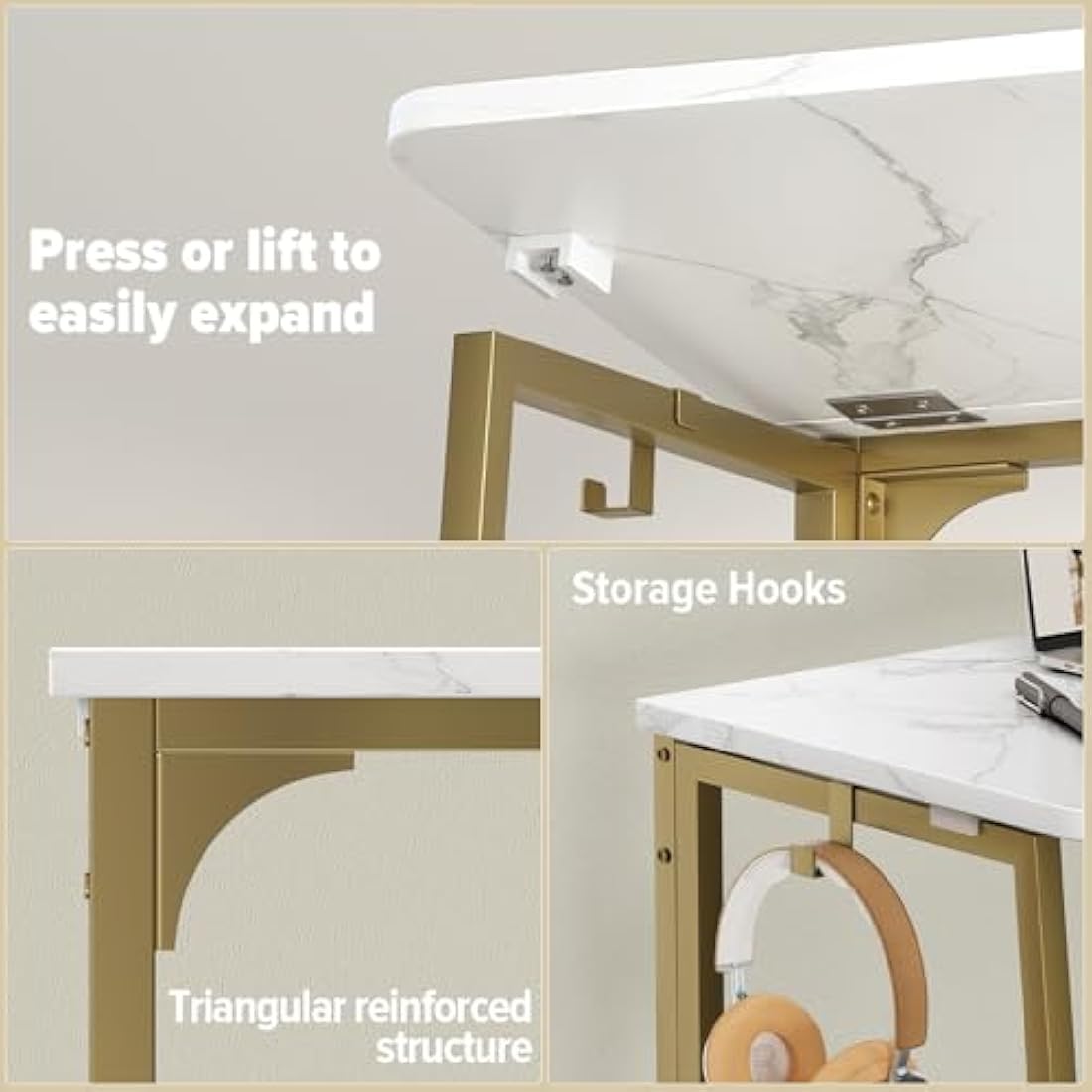 Folding Desk – Small Space-Saving Laptop Table, White and Gold