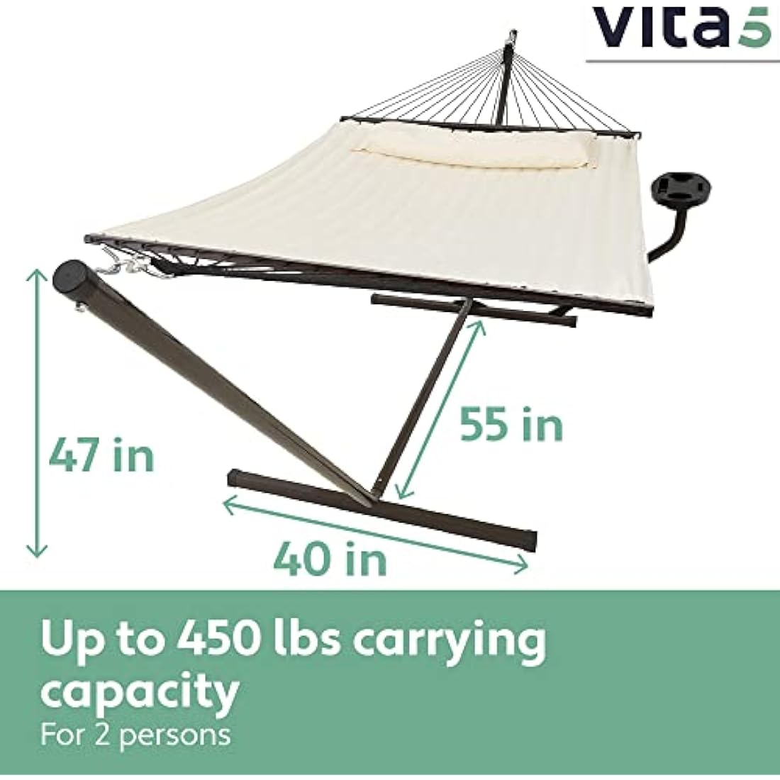 Vita5 Double Hammock with Heavy Duty Stand, Side Table & Pillow - Beige