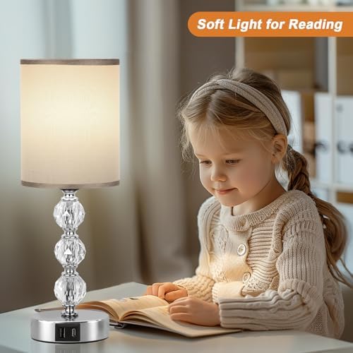 Aooshine Crystal Grey Touch Table Lamp | 3-Way Dimmable with USB C+A Ports