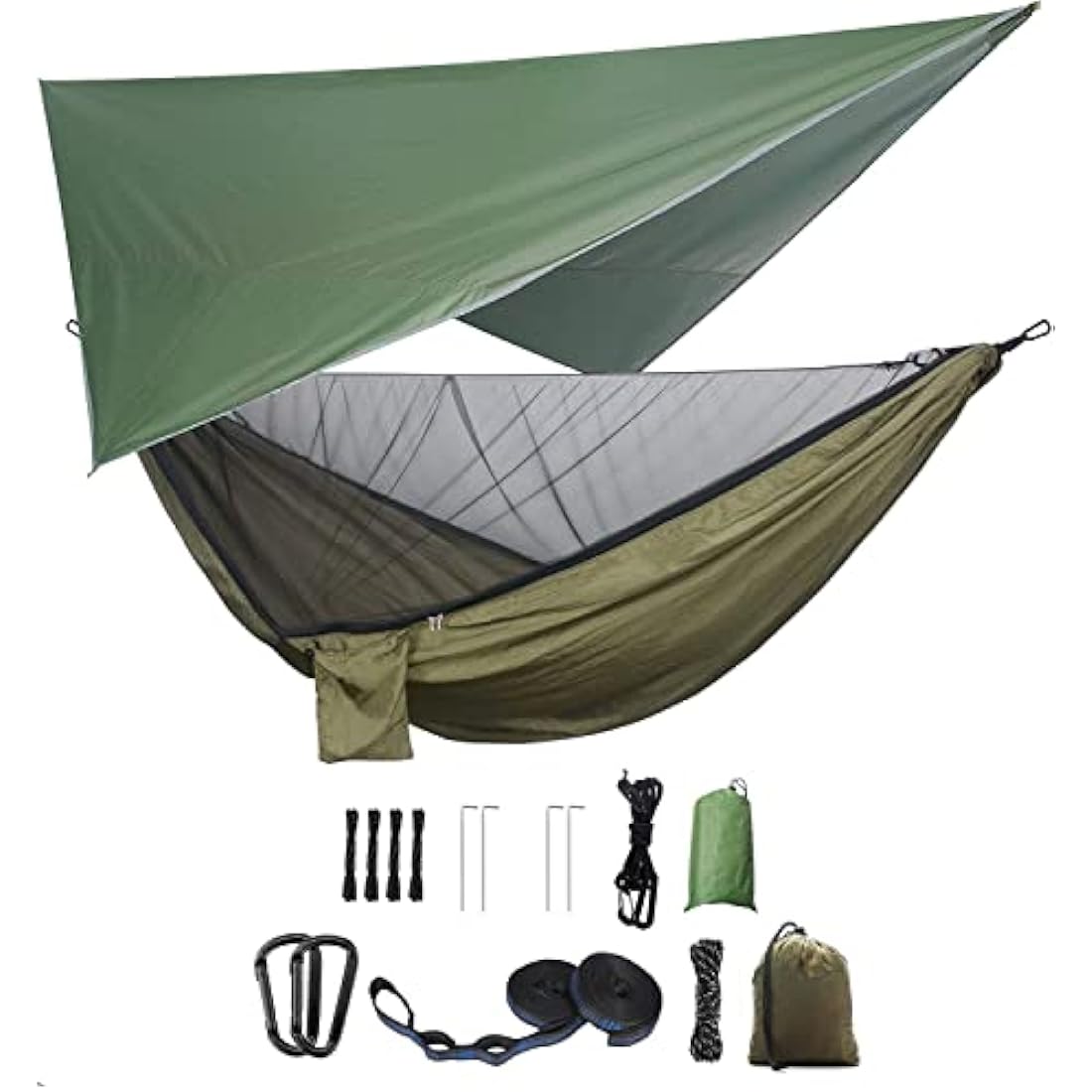Camping Hammock Set with Mosquito Net and Rainfly – Army Green