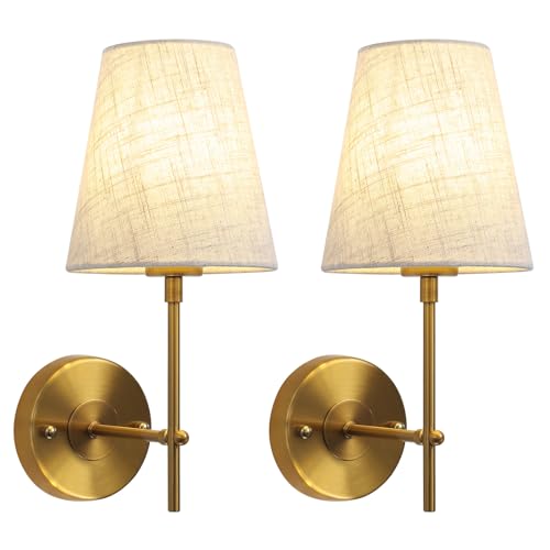 QAREHL Brass Wall Lights Set of 2 | Modern Indoor Sconces with Fabric Shade