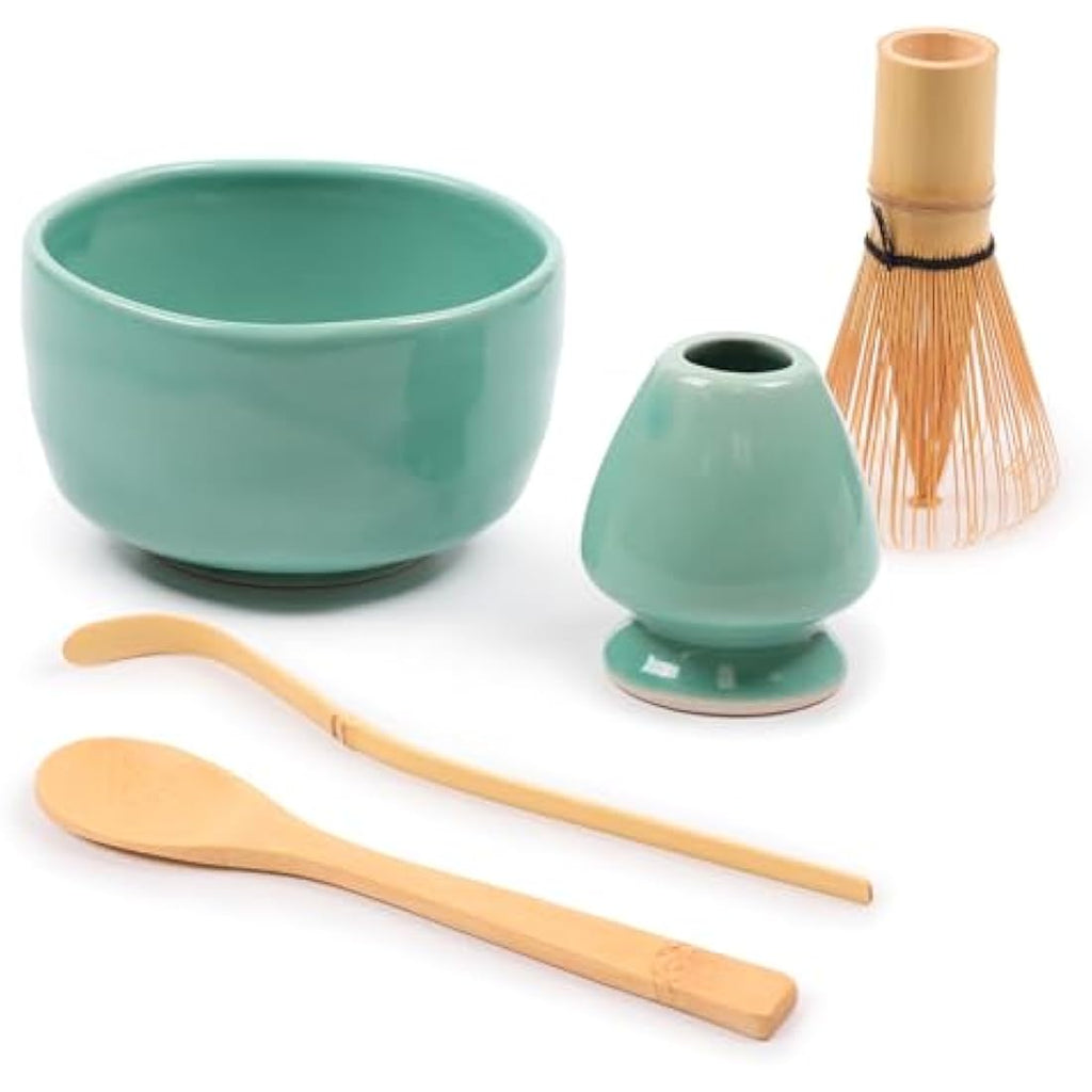 BambooMN Matcha Bowl Set - Handmade Ceramic Tea Whisk & Spoon, Green