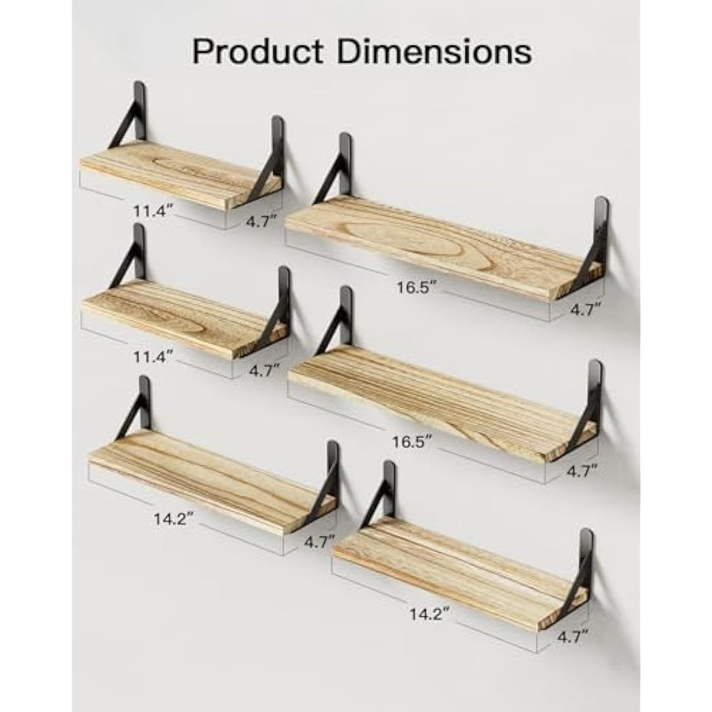 Pipishell Set of 6 Paulownia Wood Floating Shelves | Rustic Wall Decor