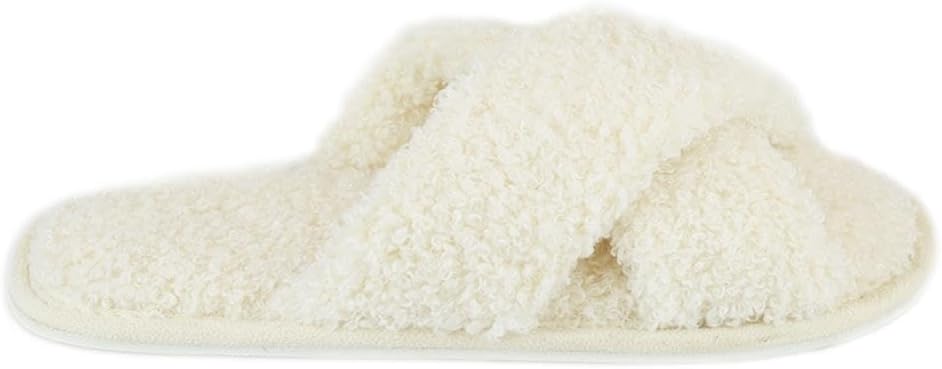 NING Ladies Faux Fur Crossover Slippers – Memory Foam House Shoes, Beige