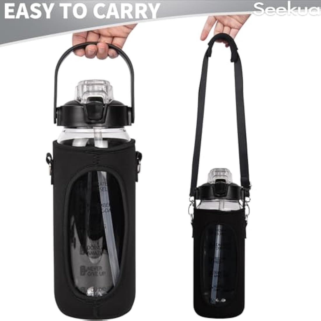 Seekua 2L Glass Water Bottle with Straw | Motivational Time Markings