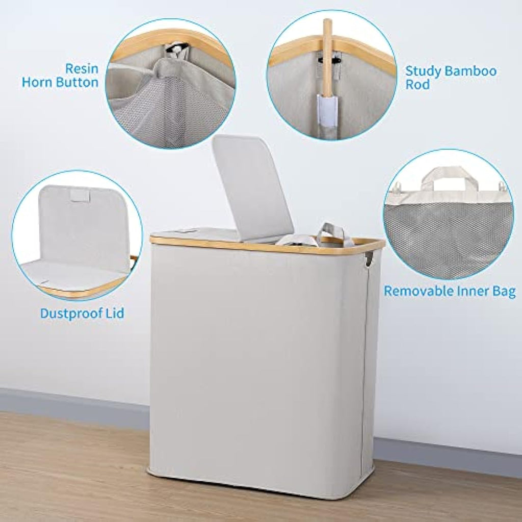 efluky 140L Double Laundry Basket with Lid - Bamboo & Linen Hamper