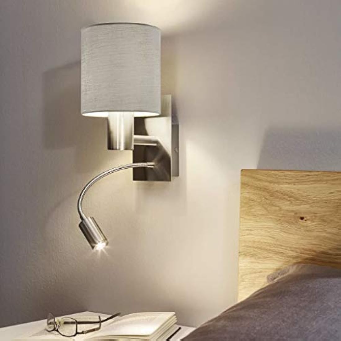 EGLO Pasteri LED Wall Lamp – Fabric Bedside Light with Reading Arm