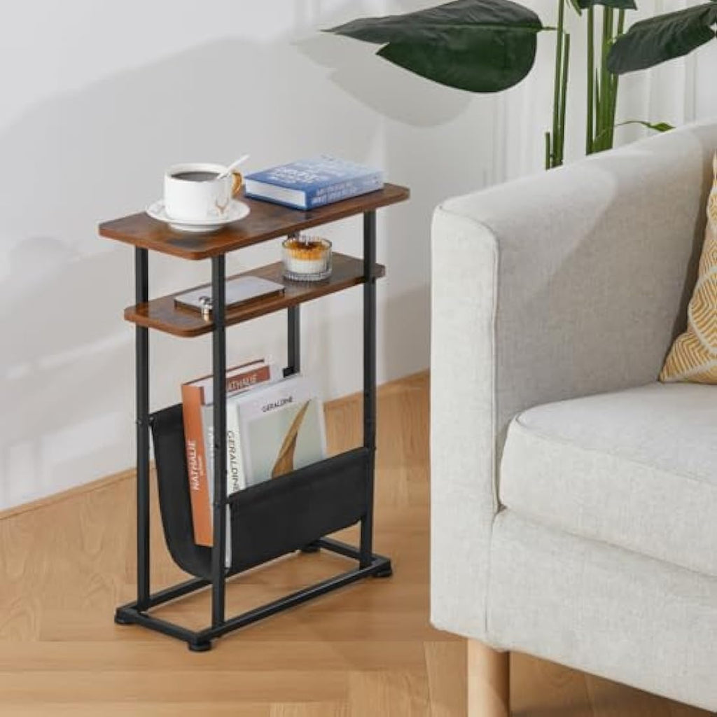 ZEXVIDA Slim Side Table with Magazine Holder – Narrow Industrial End Table