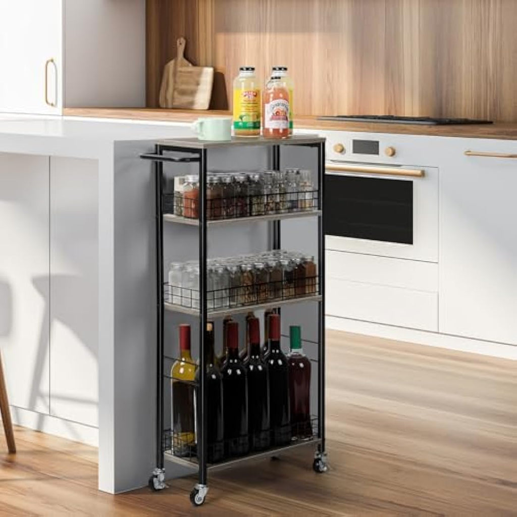 Jolof Store 4-Tier Slim Rolling Kitchen Storage Cart with Wood Top – Grey