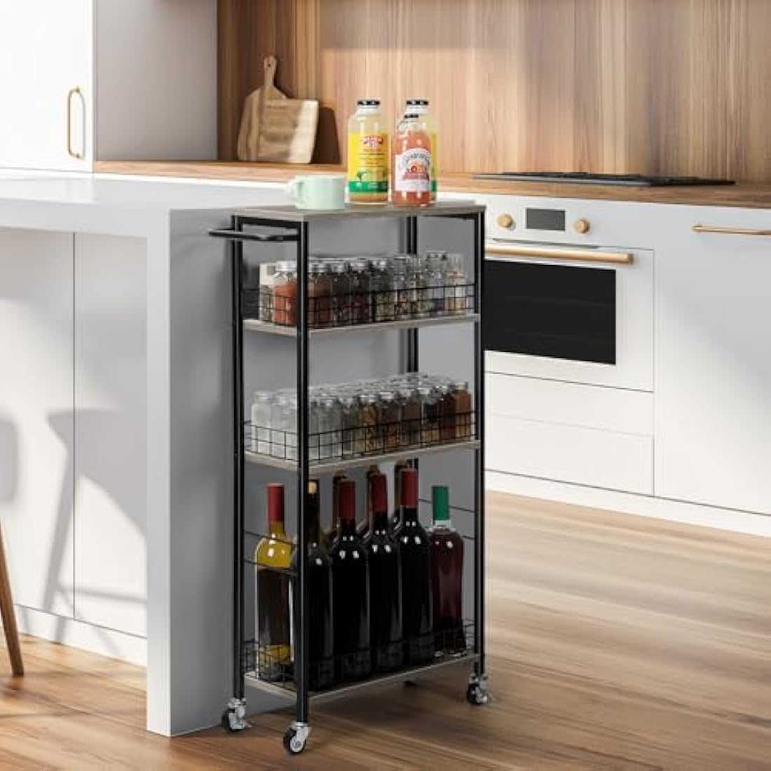 Jolof Store 4-Tier Slim Rolling Kitchen Storage Cart with Wood Top – Grey