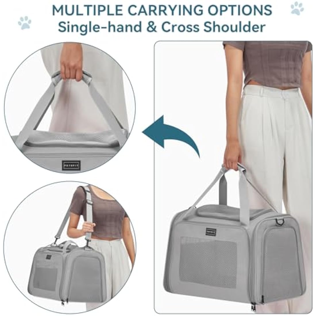 Petsfit Large Cat Carrier – Collapsible Soft Dog Travel Bag, Grey