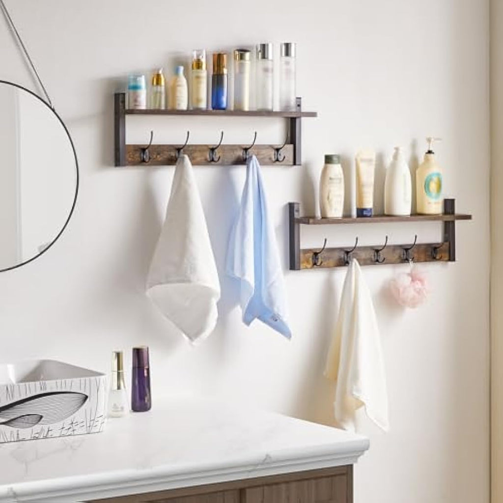 YMYNY Wall Mounted Coat Rack Set of 2 – Rustic Brown Floating Shelf Hooks