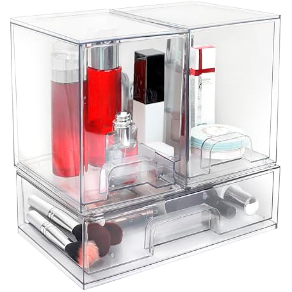 Stackable Clear Plastic Makeup Storage Drawers – 3 Pack