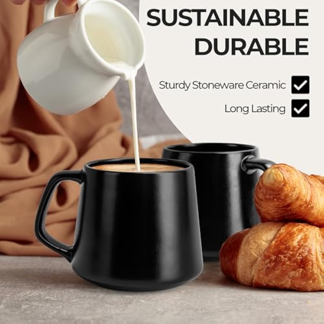 MIAMIO Ceramic Coffee Mugs Set of 4 – 420ml Large Stoneware Cups, Black