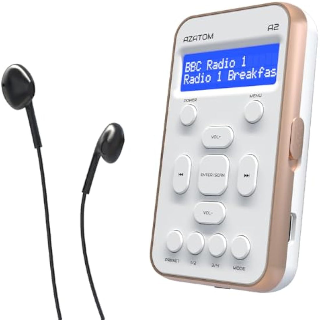 Azatom A2 Portable DAB/DAB+ & FM Digital Radio with Sports Earphones - White
