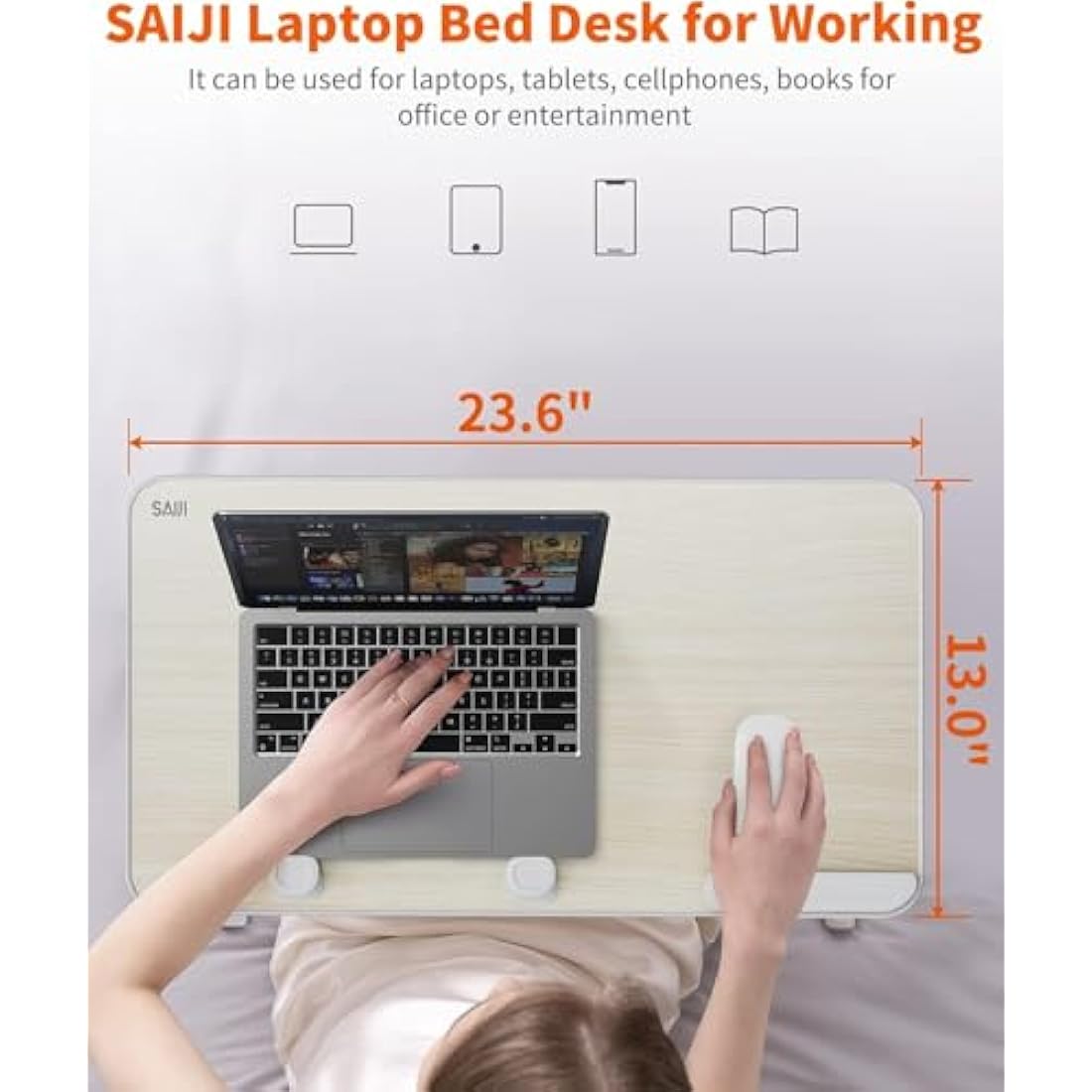 SAIJI Adjustable Laptop Bed Tray – Ergonomic Folding Wood Desk, Teak