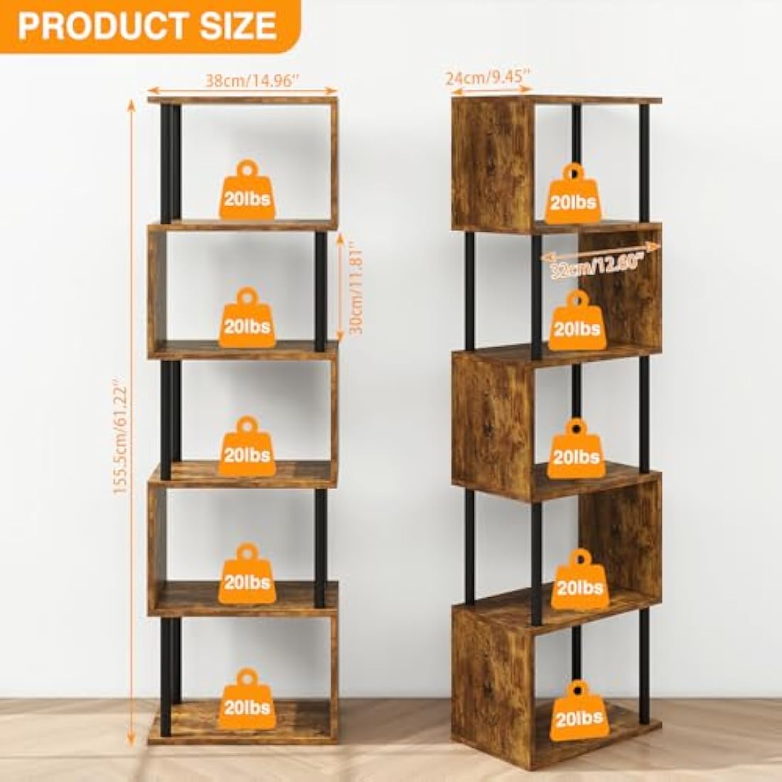IBUYKE 6-Tier S-Shaped Geometric Bookshelf | Rustic Brown Wood Display Shelf