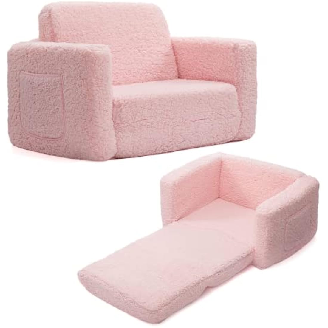 BEJOY Kids 2-in-1 Flip Out Toddler Sofa – Sherpa Convertible Lounger, Pink