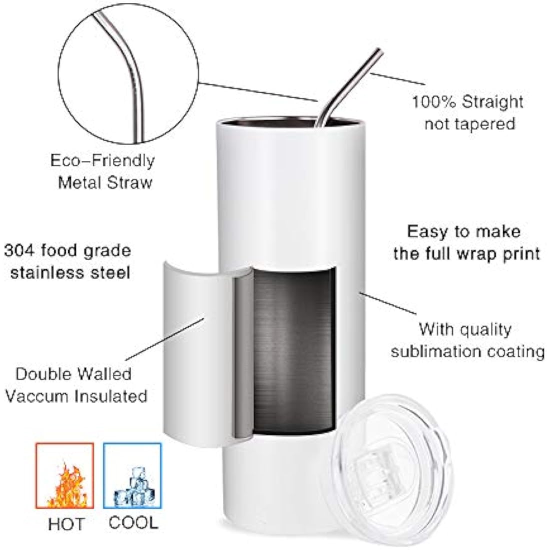 PYD Life 20 oz Sublimation Tumblers | 10 Pack Straight Stainless Steel