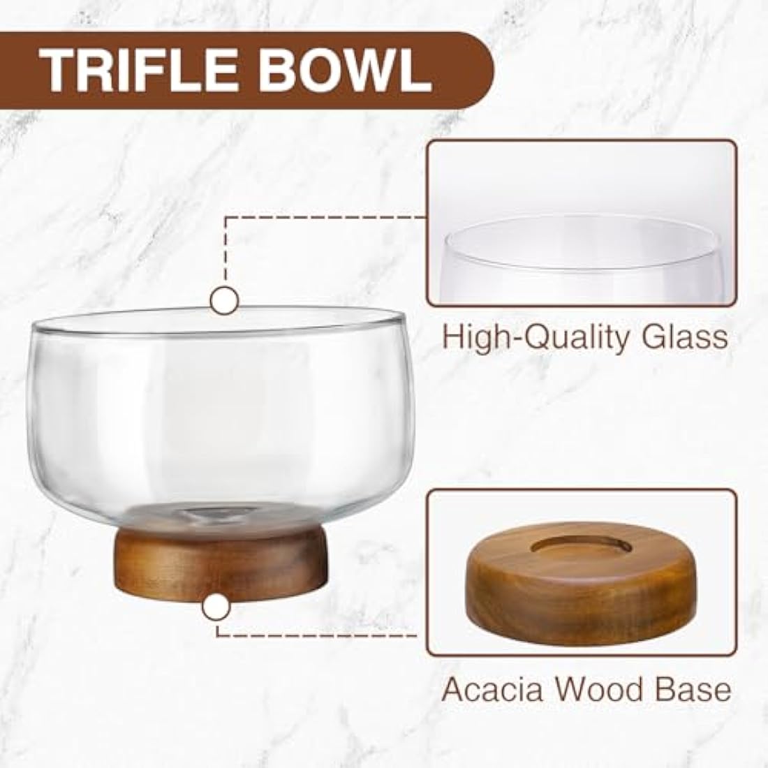 NiHome 123oz Large Glass Trifle Bowl with Elegant Acacia Wood Stand