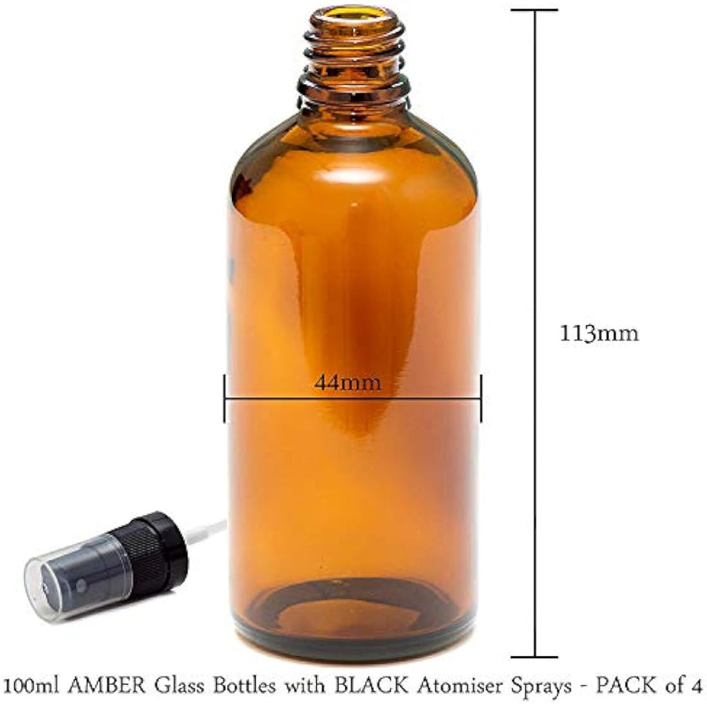 4-Pack 100ml Amber Glass Bottles with Black Atomiser Sprays
