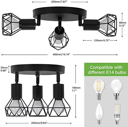 FORCOSO 3-Way Ceiling Spotlight – Retro Black Metal Rotatable LED Lamp