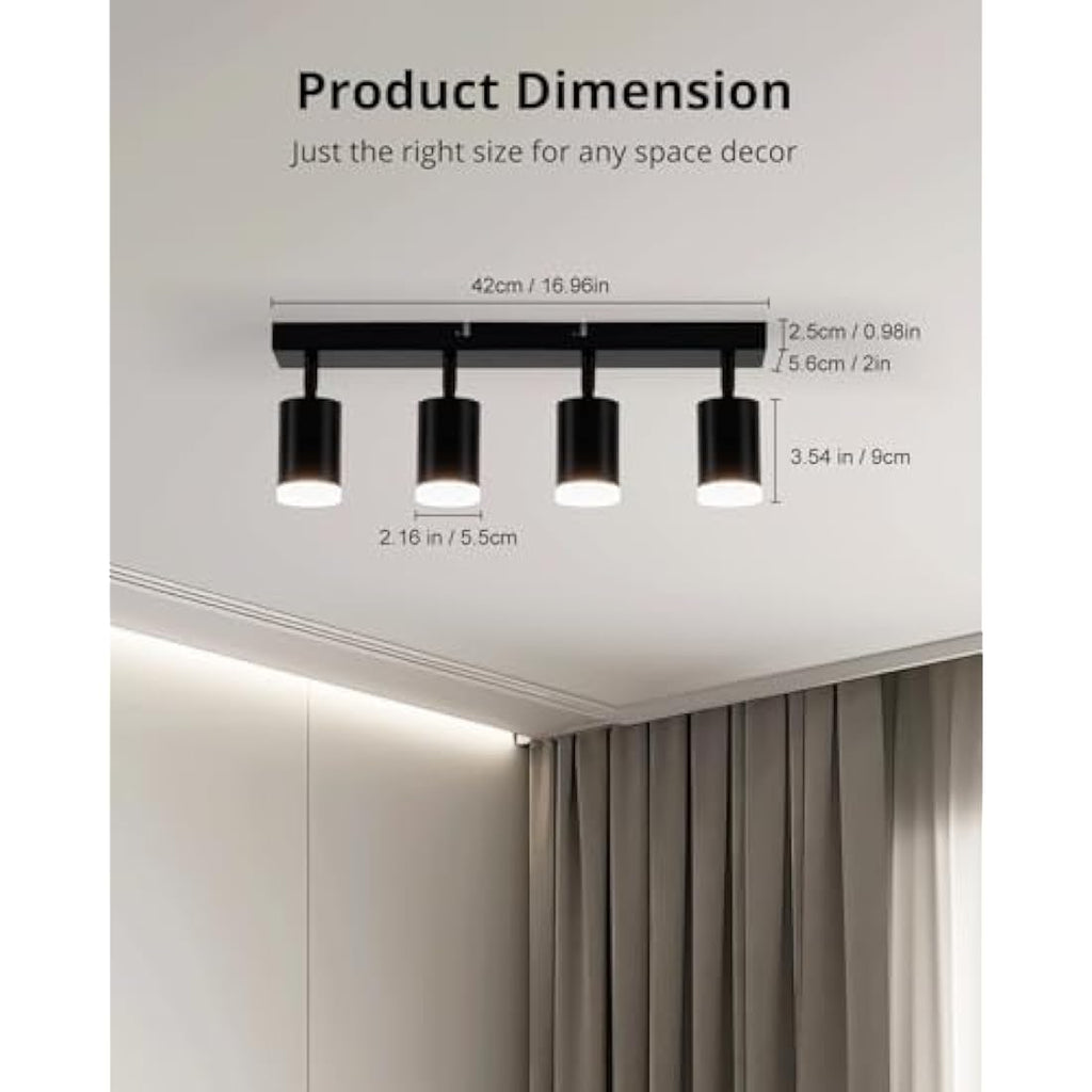 Gr4tec 4-Way Black Ceiling Spotlight Bar | Rotatable GU10 Modern Light